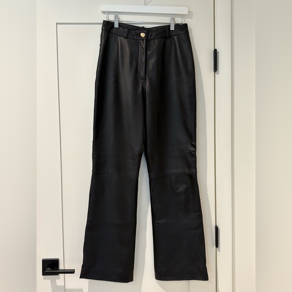 St. John Black Leather Pants with Gold Button